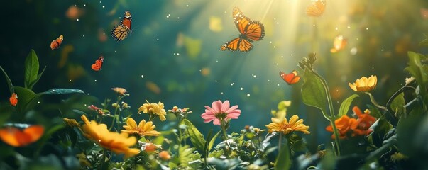 Beautiful enchanted forest with dappled sunlight, swirling butterflies, vibrant flowers and leaves, magical and serene atmosphere, deep colors, dreamy setting