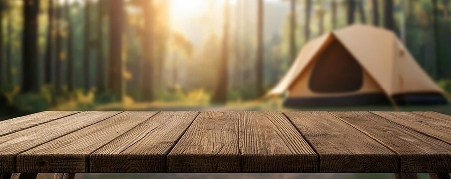 Wooden table in foreground with blurred camping tent and forest in background, warm sunlight filtering through trees, outdoor nature setting, peaceful ambiance