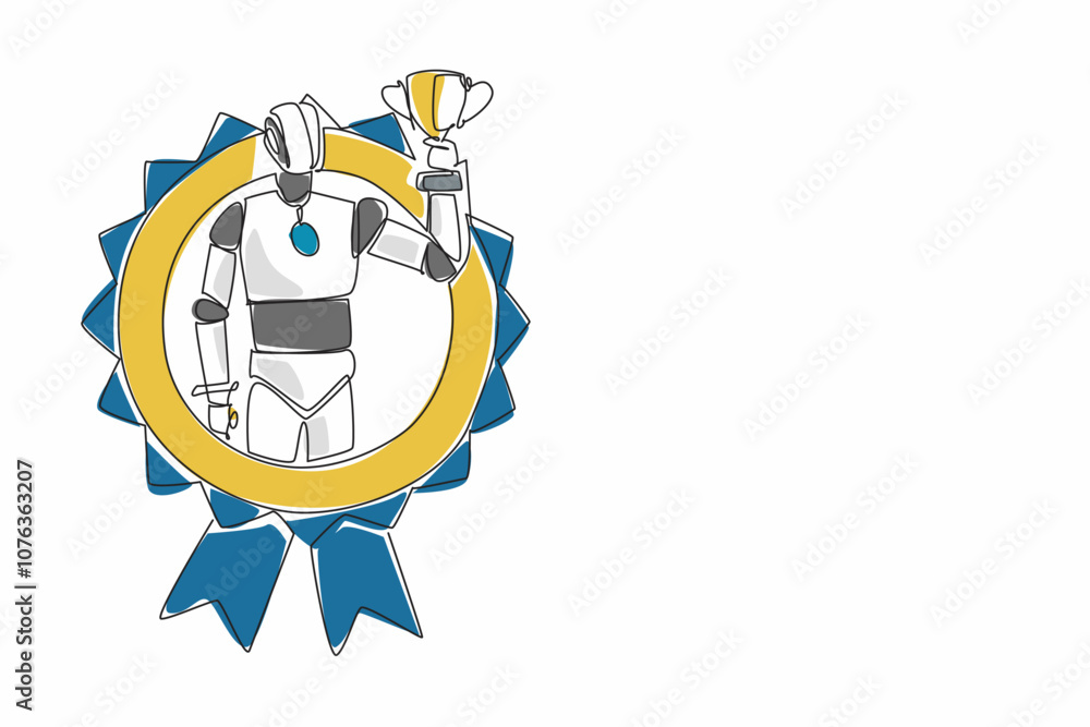 Poster single one line drawing a robot holding a trophy. achievement in a field where artificial intelligen