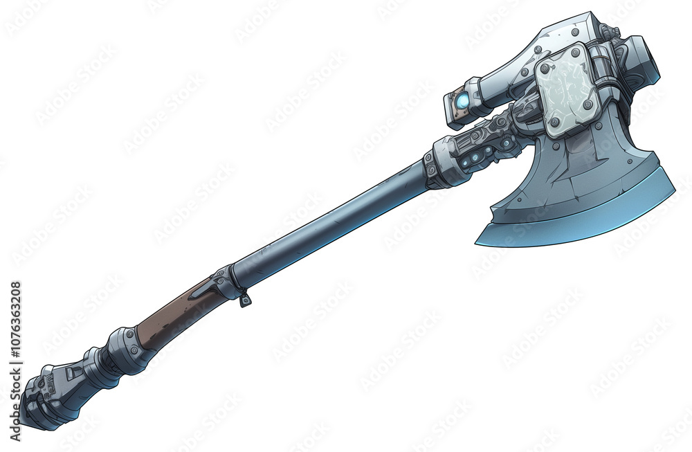 Poster futuristic frost axe with intricate mechanical details and sleek design, isolated on white backgroun