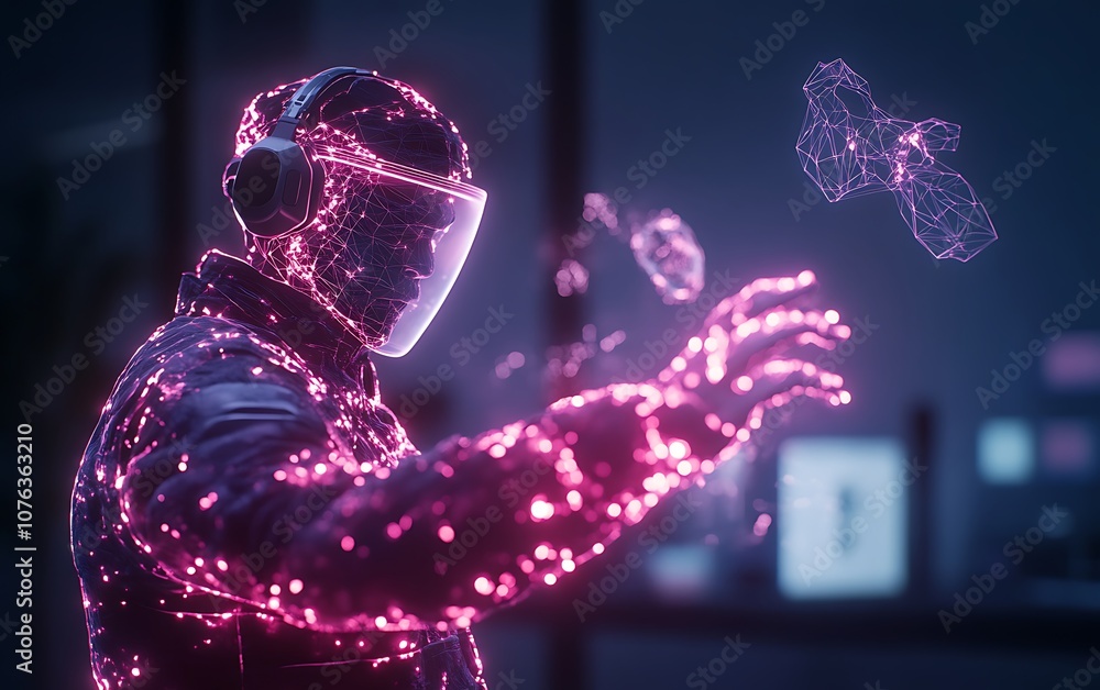 Aufkleber A futuristic figure enveloped in glowing particles gestures with an outstretched hand, showcasing a blend of technology and human interaction.