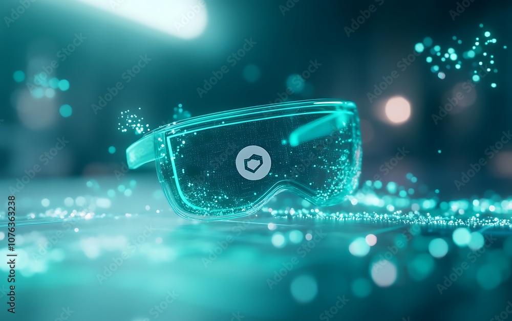 Poster a holographic representation of futuristic glasses surrounded by glowing particles and light effects