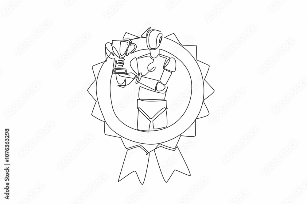 Poster single continuous line drawing robot raise the trophy. the dawn of a new era of technological advanc