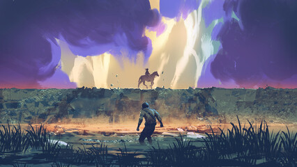 Naklejka premium A lone man observes a distant horseman standing on a massive rock in a dramatic, natural landscape, digital art style, illustration painting