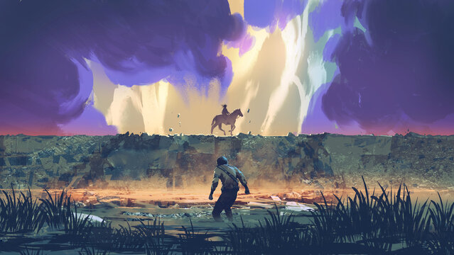 Fototapeta A lone man observes a distant horseman standing on a massive rock in a dramatic, natural landscape, digital art style, illustration painting