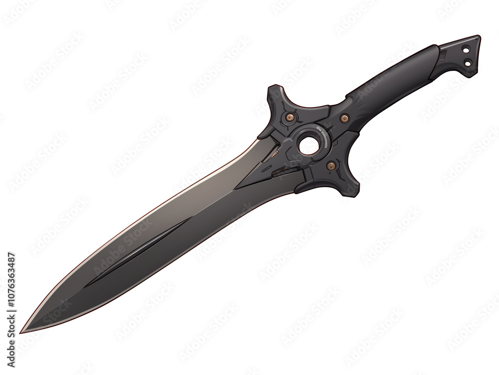 Poster sleek, futuristic dagger with black handle and metallic blade, isolated on white background. design 