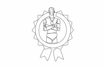 Single continuous line drawing robot crossed arm on chest while medal around neck. The rise of artificial intelligence. High technology. Employee Appreciation Day. One line design vector illustration