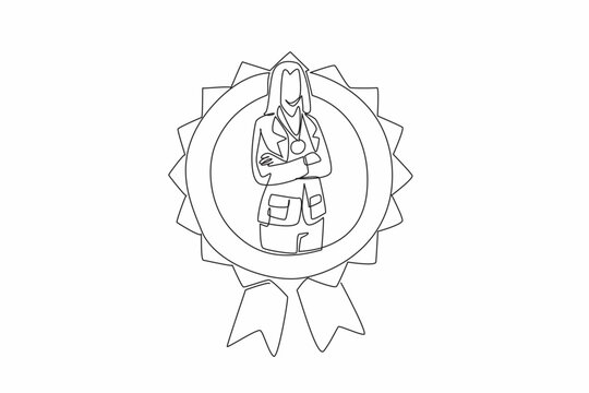 Single continuous line drawing woman in blazer crosses arm on chest while medal around neck. The representation of women's capabilities. Employee Appreciation Day. One line design vector illustration
