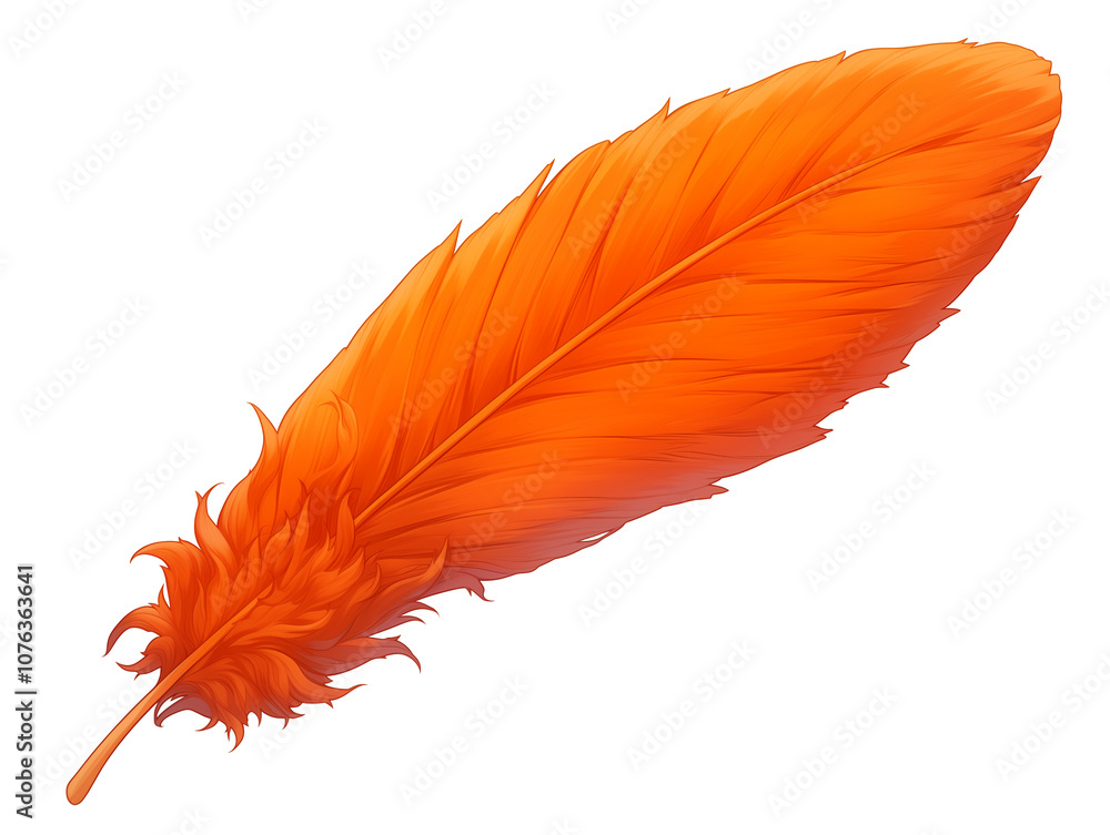 Poster vibrant orange feather isolated on white background, showcasing intricate details and soft texture. 