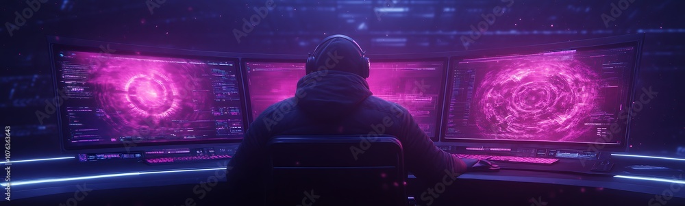 Poster A mysterious figure sits before multiple glowing monitors, immersed in a cybernetic world of digital data and vibrant purple hues.