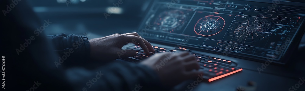 Aufkleber A person typing on a futuristic keyboard, surrounded by high-tech screens displaying data and graphics in a dark setting.