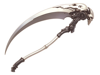 futuristic scythe with skull design on blade, isolated on white background, showcasing intricate mechanical details and sleek, curved handle