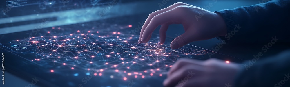 Poster A hand interacts with a glowing digital interface, showcasing a cosmic scene with stars and connectivity, evoking themes of exploration and technology.