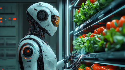 robotic chef selecting fresh ingredients from futuristic refrigerator, showcasing advanced technology and culinary innovation. scene highlights blend of robotics and gourmet cooking