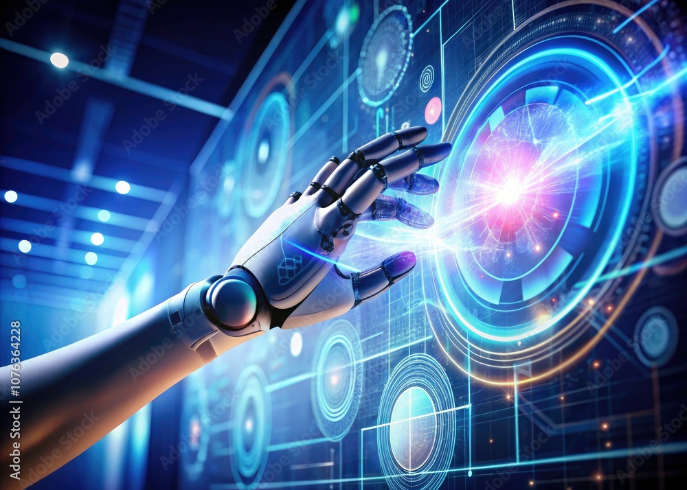 Poster futuristic cyborg hand interacting with a digital interface in a high-tech environment, showcasing a