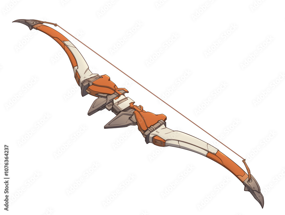 Poster futuristic, orange and white composite bow with sleek, angular design, isolated on white background.