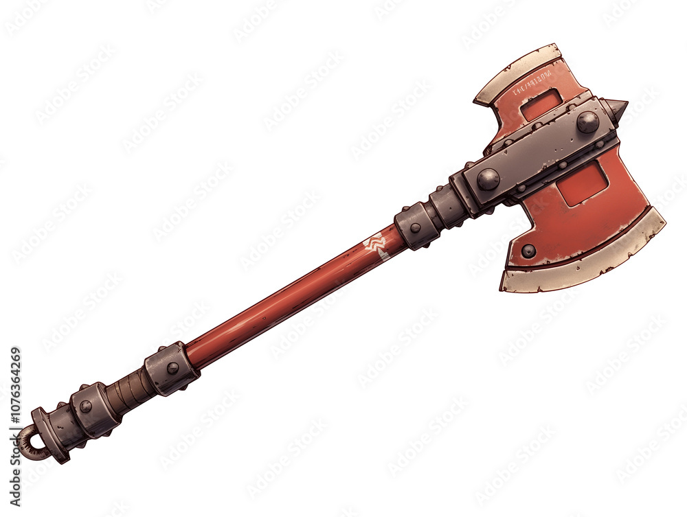 Poster red and black double headed axe with sturdy handle, isolated on white background, showcasing rugged 