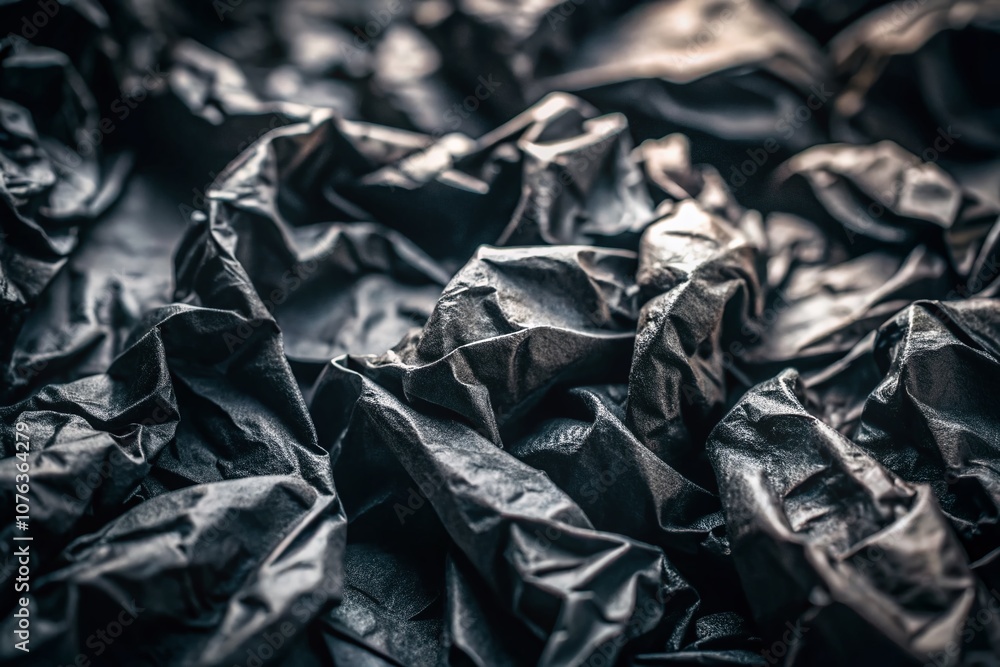 Poster aerial exploration of textured black crumpled paper background with high depth of field for artistic