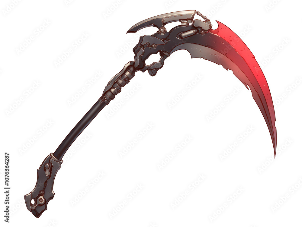 Poster futuristic scythe with sleek, metallic design and glowing red blade, isolated on white background. w