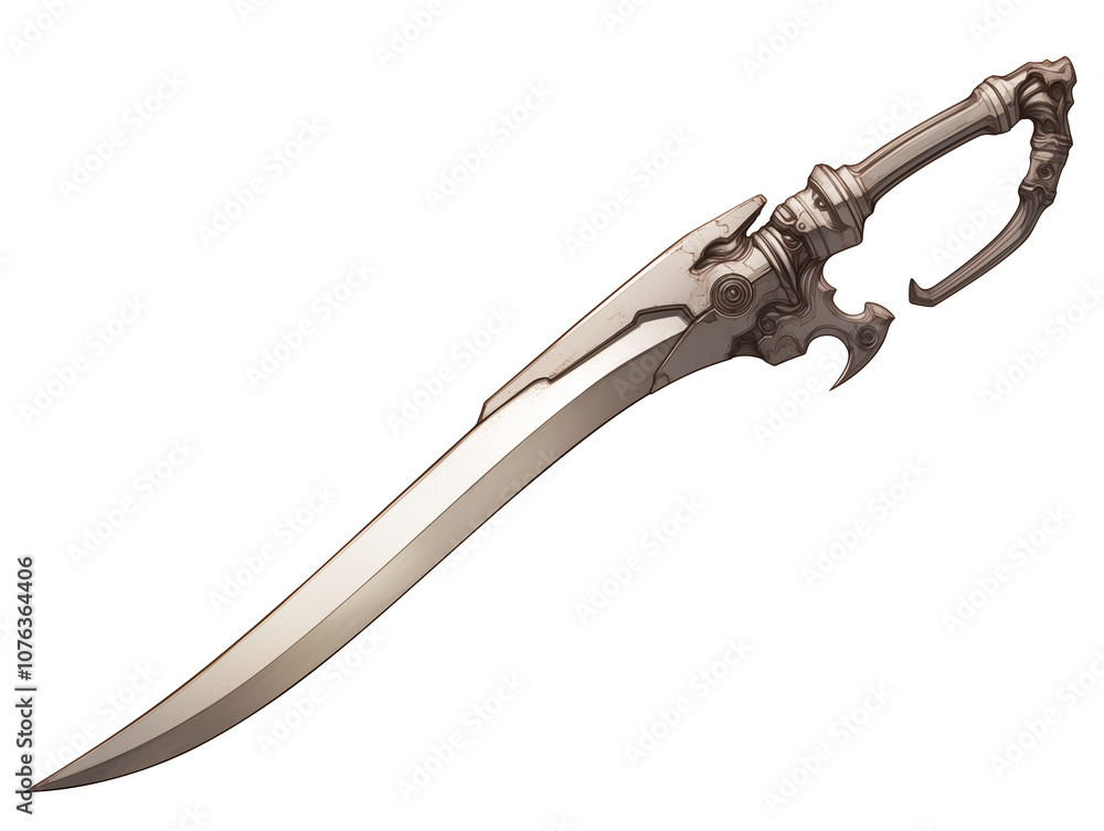 Poster sleek, ornate dagger with curved blade and intricate handle design, isolated on white background. craftsmanship and elegant details suggest blend of artistry and functionality