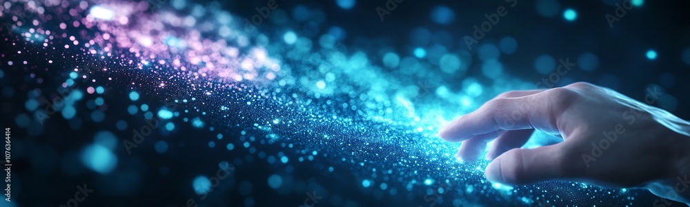 Poster A glowing hand reaches towards a stream of colorful particles, symbolizing connection and the fusion of technology and creativity.