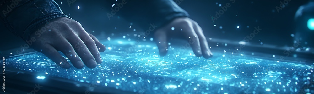 Poster a glowing, interactive holographic display is being touched by hands, showcasing a futuristic techno