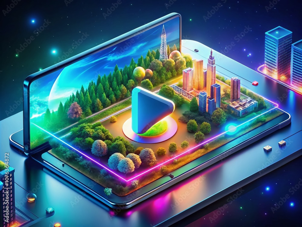 Poster aerial photography of a futuristic 3d video screen player interface with a prominent play button, sh