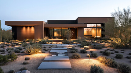 Modern desert house with minimalist architecture and landscape lighting at dusk, featuring arid plants and sleek design elements