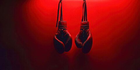 Two boxing gloves hanging from a red background