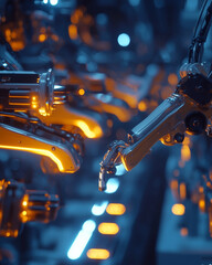 multiple robotic arms in unison on an assembly line with orange lighting in a high-tech factory