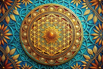 Fototapeta premium Aerial Photography of a Golden Flower of Life Mandala Symbol in an Esoteric Circular Design, Showcasing Intricate Patterns and Elegant Round Silhouettes from Above