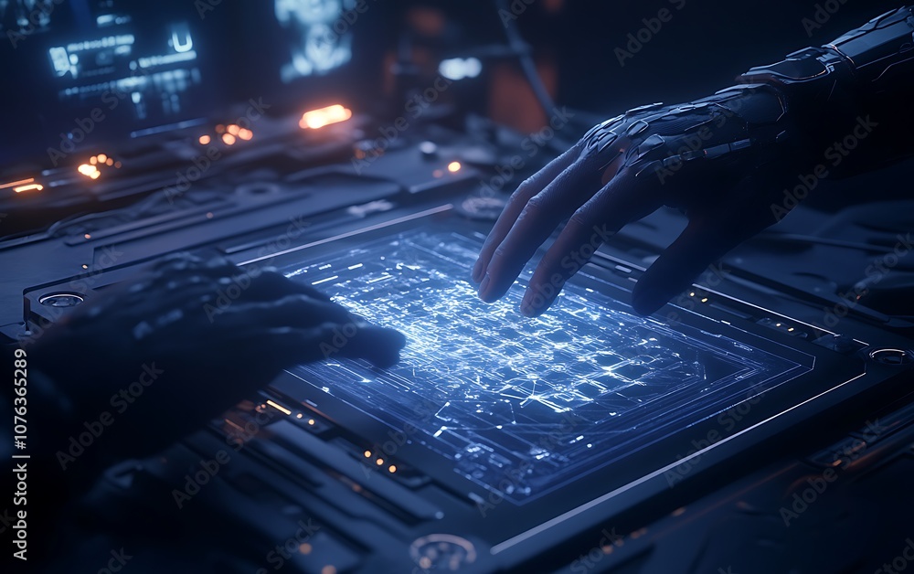 Aufkleber A futuristic interface with human and robotic hands interacting, glowing with intricate patterns and data visualizations.