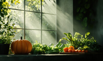 Sunlit Kitchen Window with Fresh Vegetables and Pumpkin Display