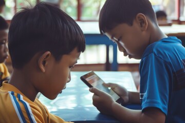 Two young students engage in collaborative learning at a school classroom, using a digital tablet and smartphone to research their project together.
