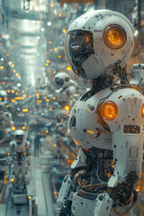 futuristic white robots with glowing orange eyes lined up in an automated manufacturing plant
