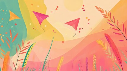 Naklejka premium Abstract illustration of three kites flying in a colorful sky with green and orange grass.