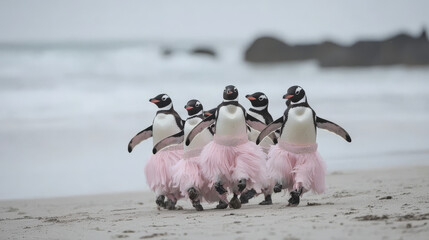 Dancing penguins in pink tutus on beach create whimsical scene. Their playful movements and charming attire bring joy and laughter to coastal setting