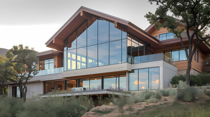 Fototapeta premium Modern wooden house with large glass windows, surrounded by greenery, showcasing stunning architecture and natural light in a serene outdoor setting. Ideal for architectural design inspiration.