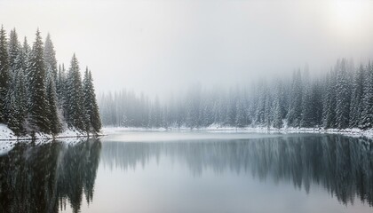 Winter lake in the foggy woods