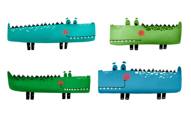 Set of hand drawn cartoon crocodiles. Crocodile illustration on isolated background