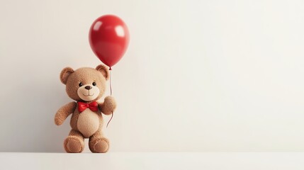 a 2D cartoon illustration of a stuffed teddy bear holding a balloon, cute and cheerful, white background--ar 16:9