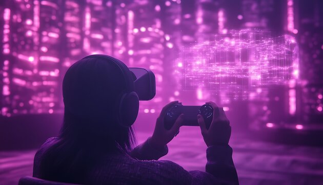 A gamer experiences virtual reality, interacting with digital elements in a vibrant purple-hued environment, using a headset and controller.