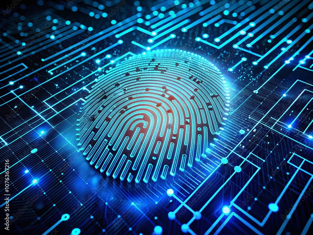Poster aerial view of a digital fingerprint in blue tones embedded in a matrix pattern, representing techno