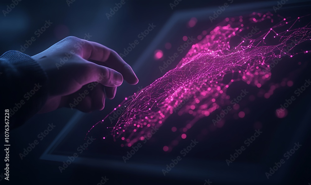 Poster A hand interacts with a glowing, digital interface displaying a network of vibrant, pink data points against a dark background.