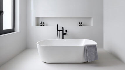 Fototapeta premium Minimalist bathroom interior with a freestanding white bathtub, gray towel, and modern black faucet, featuring wall niches with decorative bottles and a window with natural light.