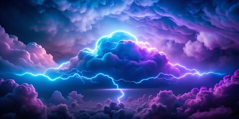 Aerial View of a Glowing Blue Neon Cloud with a Lightning Bolt on a Purple Cloudy Background, Evoking a Mystical and Surreal Atmosphere in the Sky