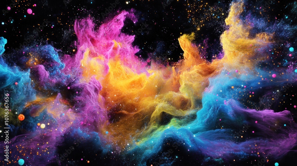Poster Abstract Cosmic Nebula with Multicolored Swirls and Scattered Orbs