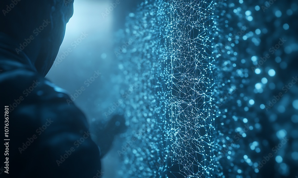 Leinwandbilder a person reaches out to a shimmering, illuminated wall filled with particles, creating a futuristic 