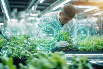 Man Inspecting Plants With Digital Interface
