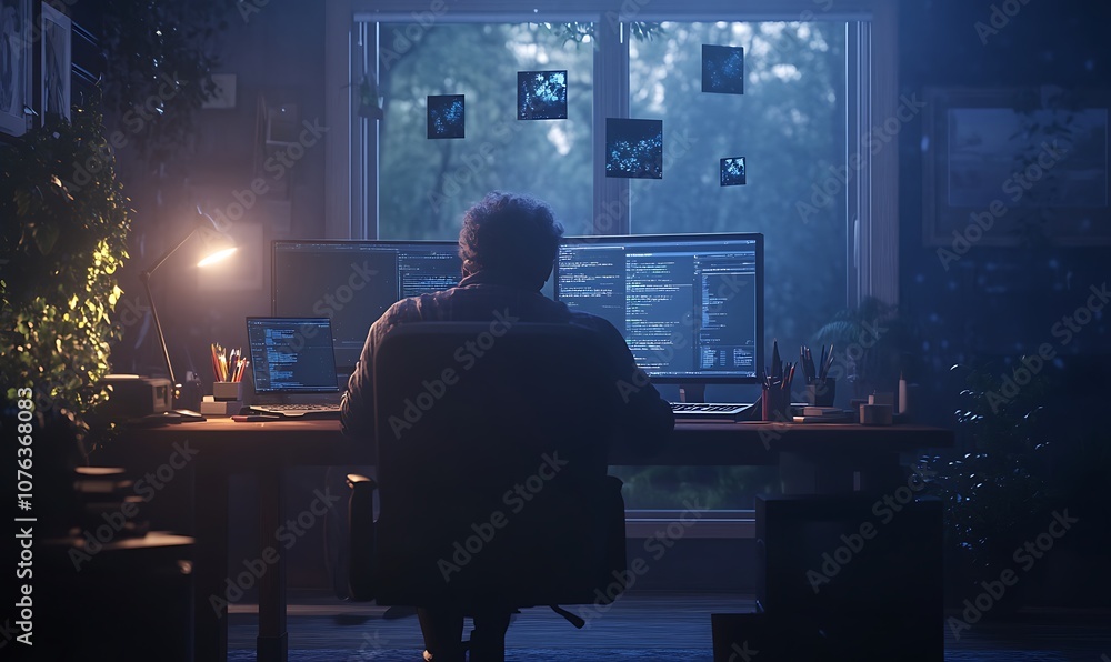Poster A person sits at a desk in a dimly lit room, illuminated by computer screens, focused on coding or data, surrounded by plants and a serene outdoor view.